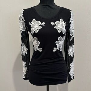 INC Black Illusion Top with Embroidered White Flowers Size XS
